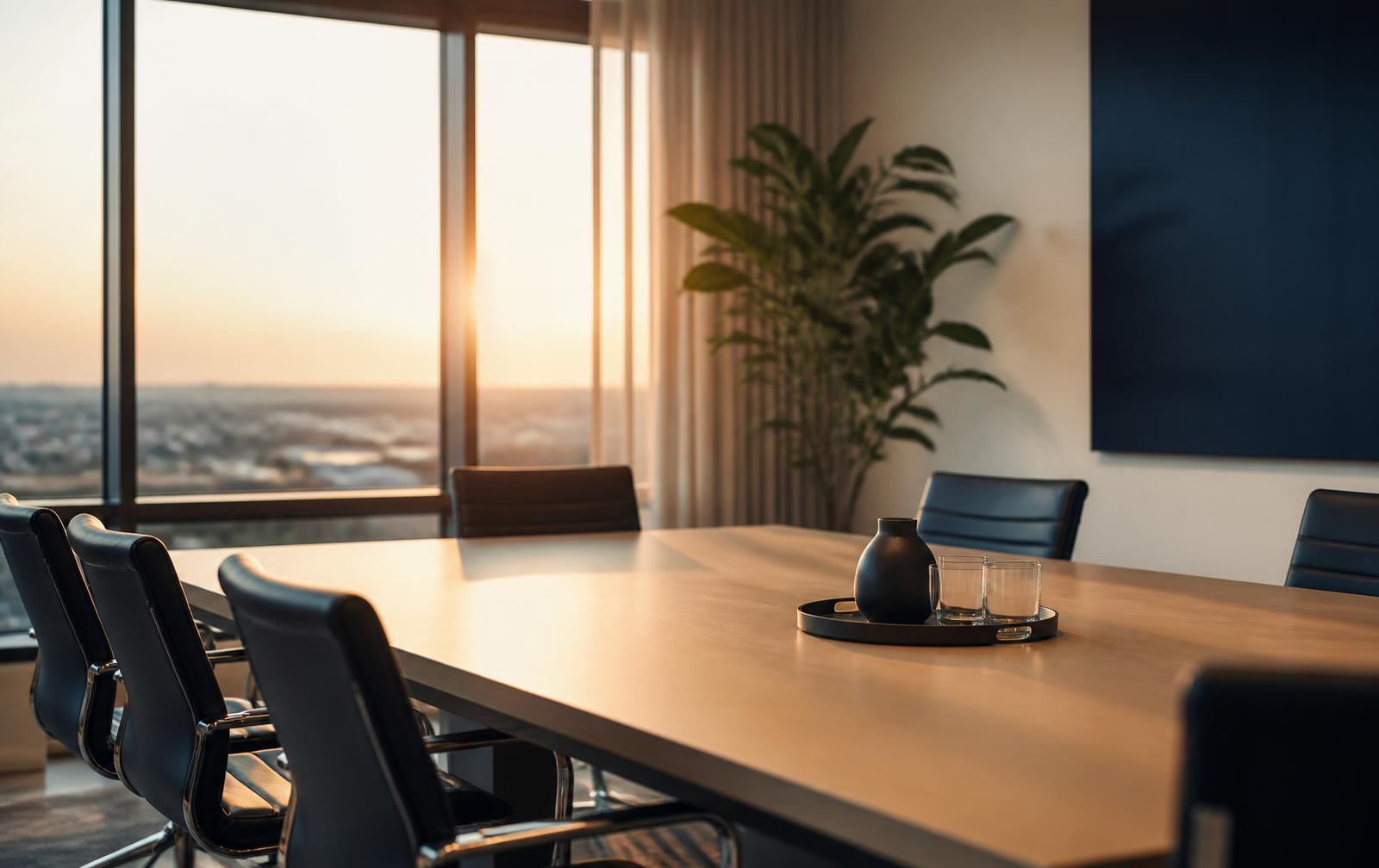 Sala de reunião corporativa iluminada pela luz do fim de tarde