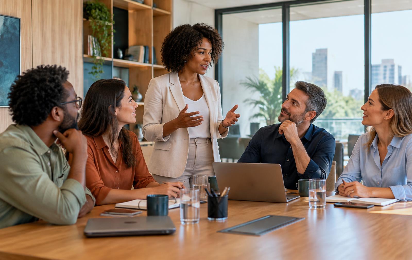 Equipe reunida em um ambiente de trabalho colaborativo e acolhedor